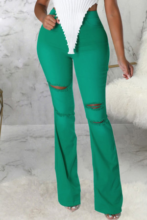 Green Casual Solid Ripped Patchwork High Waist Flare Leg Boot Cut Denim Jeans
