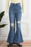 Jeans jeans azul casual sólido patchwork rasgado corte bota cintura alta