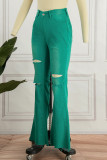 Jeans in denim con taglio a stivale a vita alta patchwork strappati solidi casual verdi