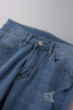 Голубые повседневные однотонные рваные джинсовые джинсы с завышенной талией в стиле пэчворк
