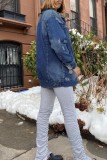 Veste en jean bleu clair décontracté solide déchiré cardigan col rabattu manches longues