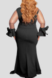 Vestidos pretos elegantes lisos patchwork com decote em O reto plus size