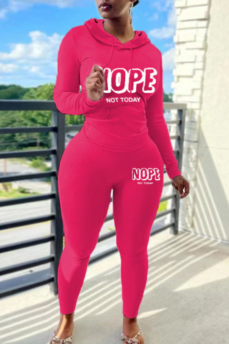 Rose Red Casual Letter Print Hooded Collar Long Sleeve Sweatshirt And Pants Sportwear Two Piece Jogger Set