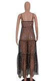 Black Sexy Solid Sequins Patchwork See-through Spaghetti Strap Sling Dress Dresses