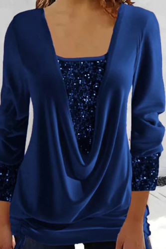 Blue Casual Solid Sequins Patchwork Asymmetrical Collar Tops