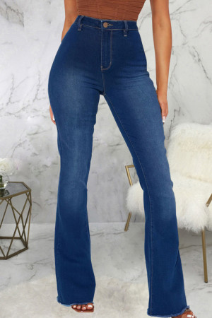 Blue Casual Solid Patchwork High Waist Regular Denim Jeans