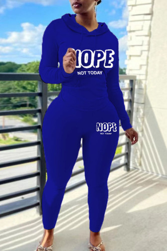 Blue Casual Letter Print Hooded Collar Long Sleeve Sweatshirt And Pants Sportwear Two Piece Jogger Set