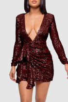 Бордовые сексуальные сплошные блестки в стиле пэчворк с воланами и V-образным вырезом, одноступенчатые платья-юбки