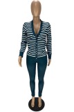 Ink Green Casual Striped Print Cardigan Pants Long Sleeve Two Pieces