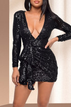 Черные сексуальные сплошные блестки в стиле пэчворк с воланами и V-образным вырезом, одноступенчатые платья-юбки