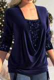 Black Casual Solid Sequins Patchwork Asymmetrical Collar Tops