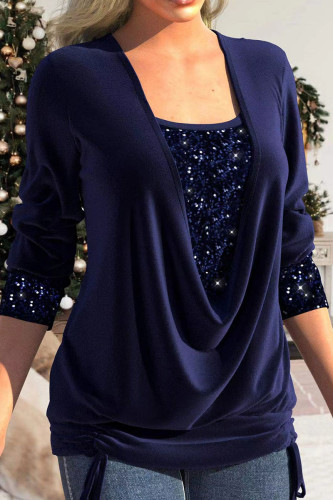 Navy Blue Casual Solid Sequins Patchwork Asymmetrical Collar Tops
