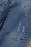 Blaue, lässige, feste, zerrissene Patchwork-Jeans mit hoher Taille und Boot-Cut-Denim