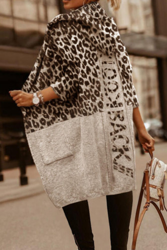 Vêtement d'extérieur à col à capuche et patchwork léopard imprimé rue gris clair