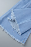 Jeans in denim con taglio a stivale a vita alta patchwork tinta unita casual azzurri