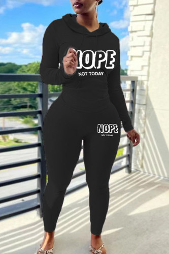 Black Casual Letter Print Hooded Collar Long Sleeve Sweatshirt And Pants Sportwear Two Piece Jogger Set