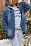 Cardigan strappato solido casual azzurro Giacca di jeans regolare a maniche lunghe con colletto alla rovescia