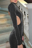 Черные сексуальные однотонные лоскутные цепочки с открытой спиной и круглым вырезом, юбка-карандаш, платья