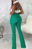 Pantalones vaqueros de mezclilla con corte de bota de cintura alta de patchwork rasgado sólido informal verde
