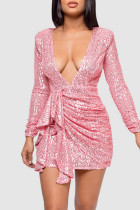 ピンク ゴールド セクシー ソリッド スパンコール パッチワーク フラウンス V ネック ワンステップ スカート ドレス