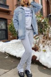 Djupblå Casual Solid Ripped Cardigan Turndown-krage Långärmad Vanlig jeansjacka