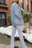 Veste en jean bleu foncé décontracté solide déchiré cardigan col rabattu manches longues