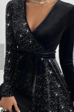 Zwart Sexy Solid Patchwork Hot Drill V-hals A-lijn jurken