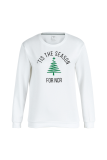 White Street Vintage Print Christmas Tree Printed Patchwork Letter O Neck Tops