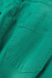 Jeans jeans verde casual liso rasgado patchwork cintura alta corte bota
