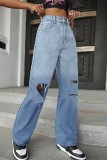 Baby Blue Casual Gradual Change Ripped High Waist Straight Denim Jeans (Without Belt)