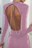 Серебряные сексуальные однотонные лоскутные цепочки с открытой спиной и круглым вырезом, юбка-карандаш, платья