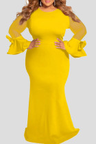 Gele elegante effen patchwork O-hals recht grote maten jurken