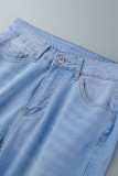 Hellblaue, lässige, solide Patchwork-Jeans mit hohem Bund und Boot-Schnitt