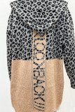 Vêtement d'extérieur à col à capuche et patchwork imprimé léopard marron