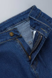 Blå Casual Solid Patchwork Vanliga jeans med hög midja