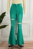 Green Casual Solid Ripped Patchwork High Waist Boot Cut Denim Jeans