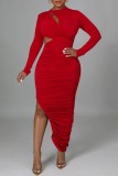 Red Sexy Solid Hollowed Out Fold O Neck Long Sleeve Dresses