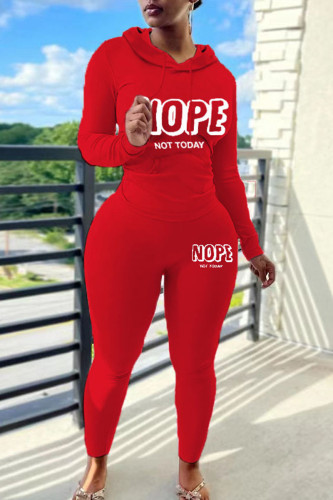 Red Casual Letter Print Hooded Collar Long Sleeve Sweatshirt And Pants Sportwear Two Piece Jogger Set