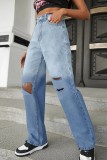 Jeans de mezclilla rectos de cintura alta rasgados de cambio gradual casual azul bebé (sin cinturón)