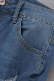 Jeans jeans azul claro casual sólido patchwork rasgado corte bota cintura alta