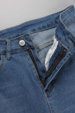 Hellblaue, lässige, solide, zerrissene Patchwork-Jeans mit hoher Taille und Boot-Cut-Denim