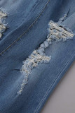 Blaue, lässige, feste, zerrissene Patchwork-Jeans mit hoher Taille und Boot-Cut-Denim