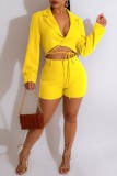 Fluorescent Yellow Fashion Casual Solid Bandage Patchwork V Neck Long Sleeve Two Pieces