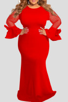 Красные элегантные однотонные пэчворк с круглым вырезом прямые платья больших размеров