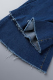 Donkerblauwe casual stevige patchwork jeans met hoge taille en normale denim