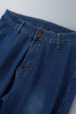 Donkerblauwe casual stevige patchwork jeans met hoge taille en normale denim
