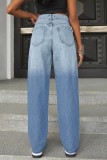 Baby Blue Casual Gradual Change Ripped High Waist Straight Denim Jeans (Without Belt)