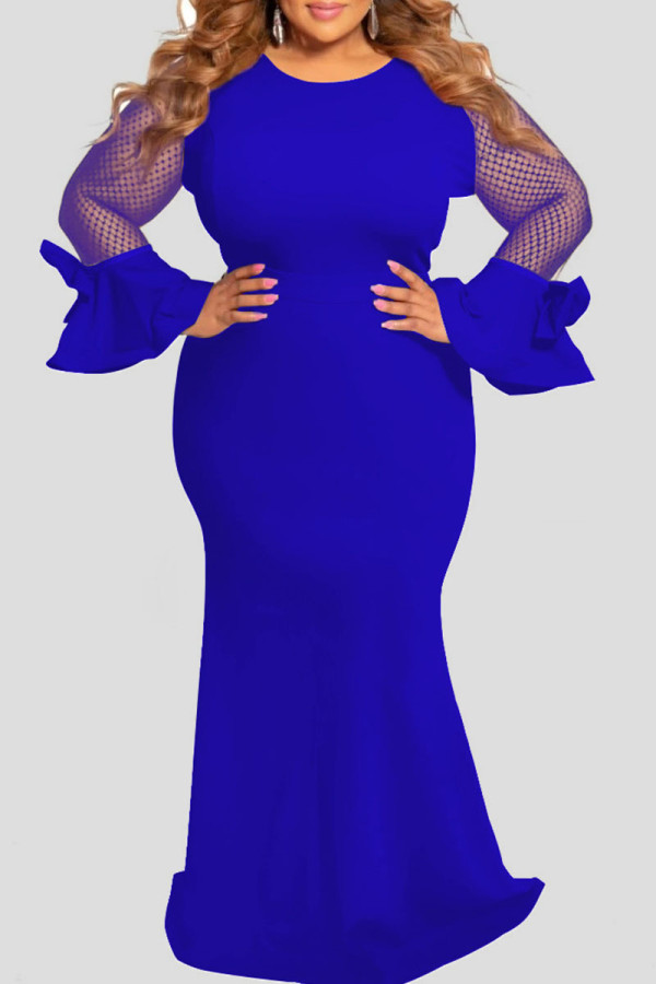 Blauwe elegante effen patchwork O-hals recht grote maten jurken