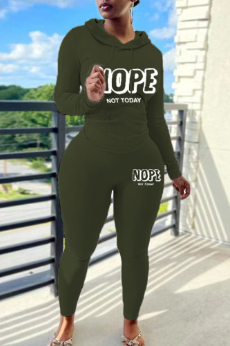 Army Green Casual Letter Print Hooded Collar Long Sleeve Sweatshirt And Pants Sportwear Two Piece Jogger Set