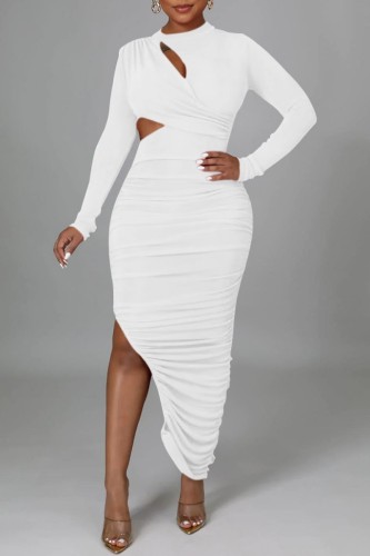 White Sexy Solid Hollowed Out Fold O Neck Long Sleeve Dresses